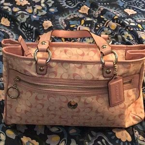Coach Light Pink Signature Canvas Shoulder Bag with Leather Trim